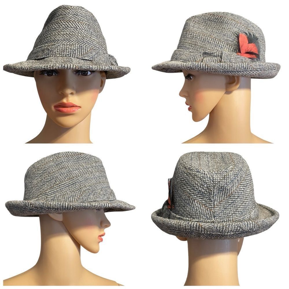 Vintage A-L Tweed Fedora Gray Tan With Coral Orange and Black Feather Detail